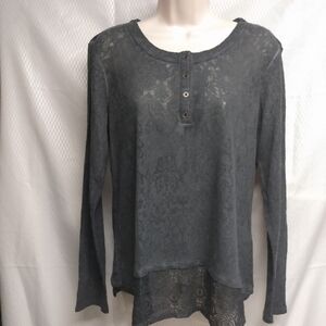 Style & Co Long Sleeve Top, sz S, Grey Black lace print design and hem, NWT